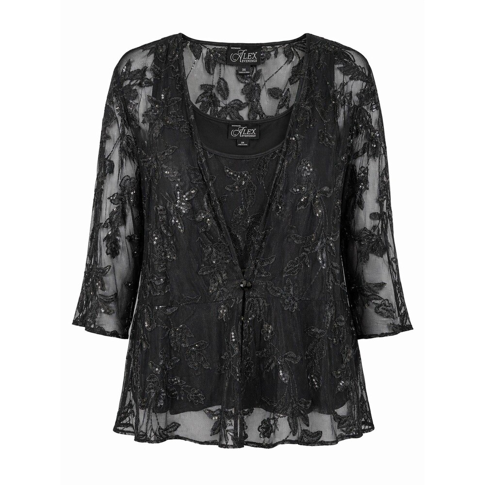 Plus Size 3X Black Evening Jacket & Tank Set Floral Beaded Formal Wedding Guest